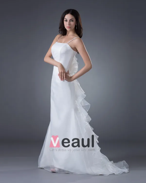 Satin Organza Applique Spaghetti Straps Sweep Sheath Bridal Gown Wedding Dress