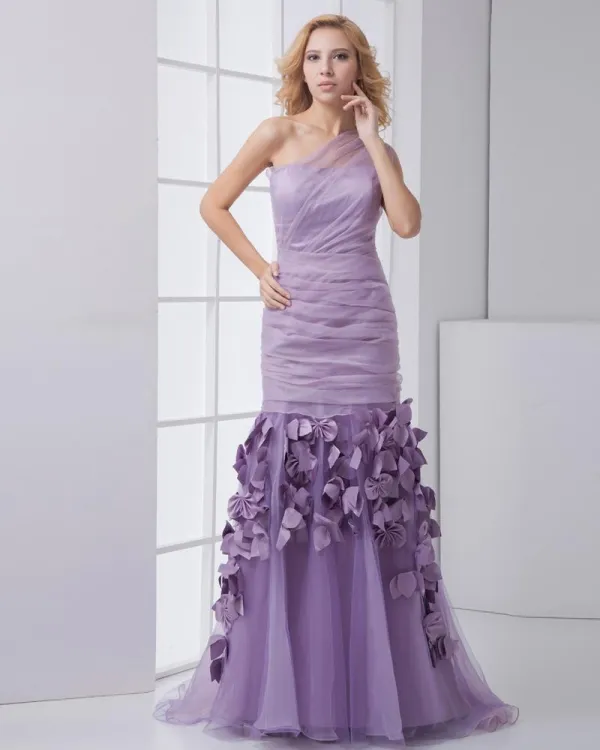 Fashion Organza Taffeta Pleated Applique Sloping Sleeveless Floor Length Prom Dress