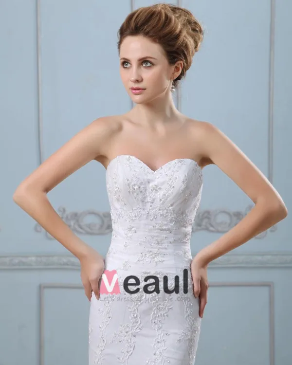 Embroidery Beading Sequins Lace Up Back Satin Sheath Wedding Dress