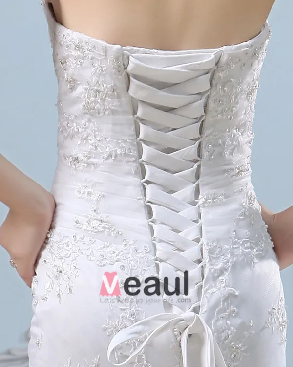Embroidery Beading Sequins Lace Up Back Satin Sheath Wedding Dress