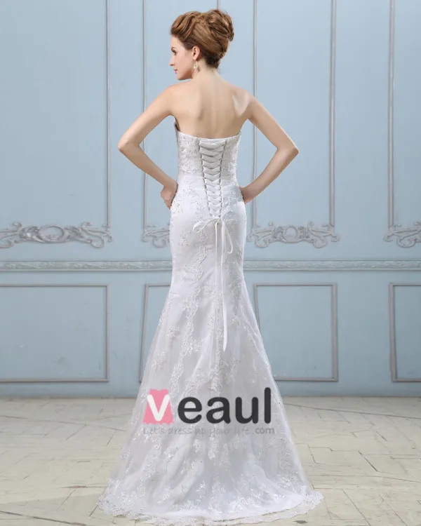 Embroidery Beading Sequins Lace Up Back Satin Sheath Wedding Dress