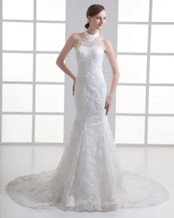 Tulle Applique Beading Jewel Court Train Mermaid Wedding Dress
