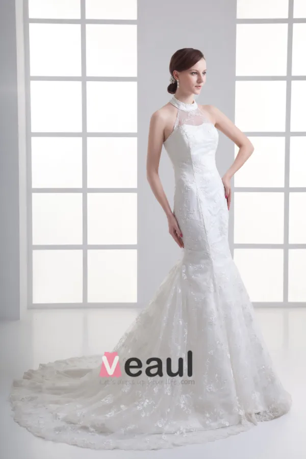 Tulle Applique Kralen Sieraad Rechter Trein Zeemeermin Bruidsjurken Trouwjurken