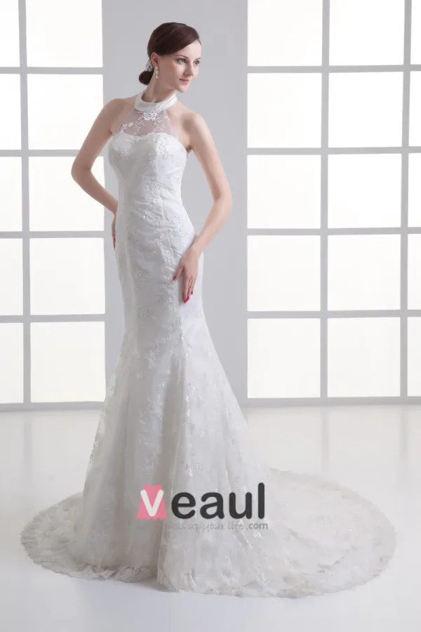 Tulle Applique Kralen Sieraad Rechter Trein Zeemeermin Bruidsjurken Trouwjurken