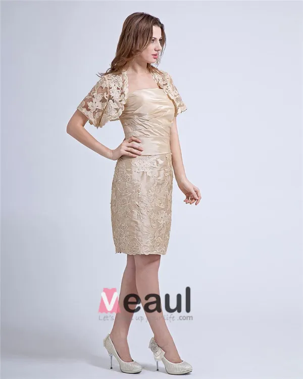 Square Lace Ruffle Knee Length Taffeta Bride Mother Dress