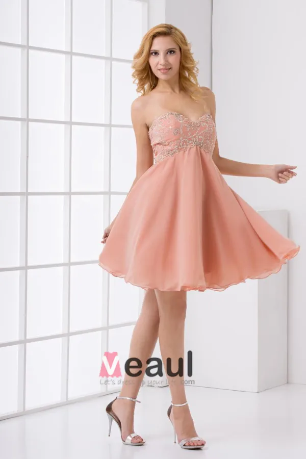 Chiffon Brodert Profilert Kjaereste Ermelos Rygglose Mini Plissert Cocktail Kjoler Festkjoler