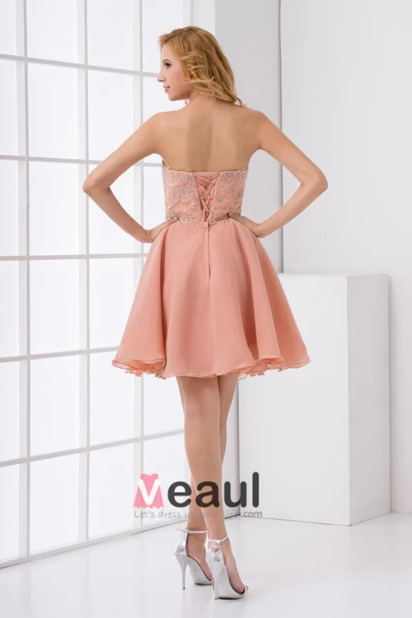 Chiffon Brodert Profilert Kjaereste Ermelos Rygglose Mini Plissert Cocktail Kjoler Festkjoler