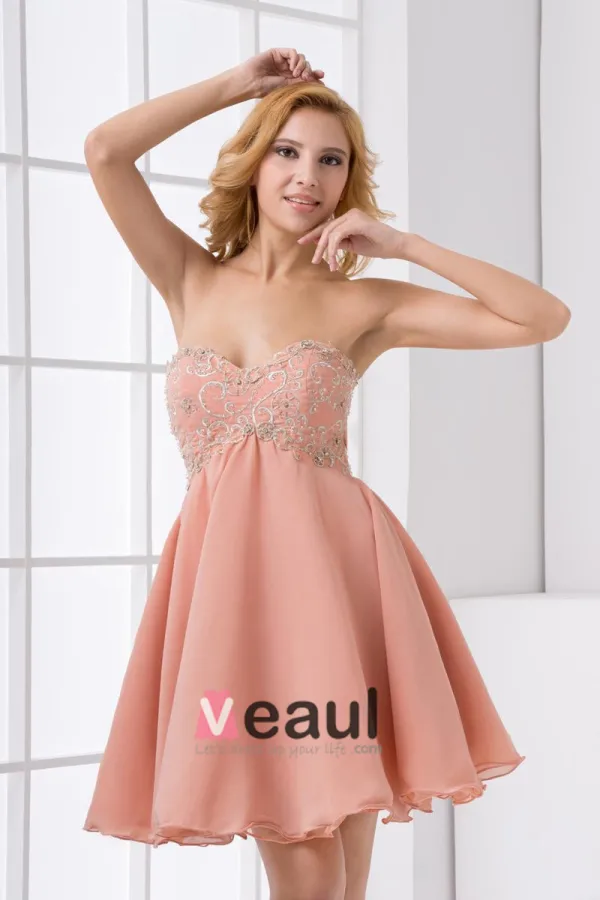 Chiffon Brodert Profilert Kjaereste Ermelos Rygglose Mini Plissert Cocktail Kjoler Festkjoler