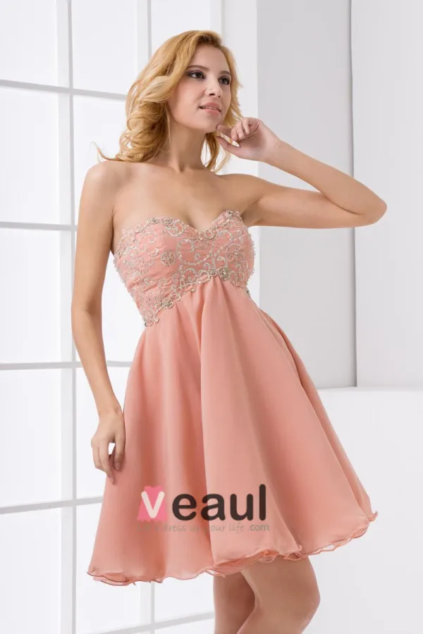 Chiffon Brodert Profilert Kjaereste Ermelos Rygglose Mini Plissert Cocktail Kjoler Festkjoler