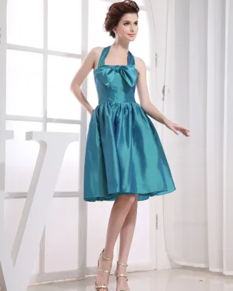Halter Neckline Sleeveless Knee Length Bowknot Taffeta Empire Bridesmaid Dresses