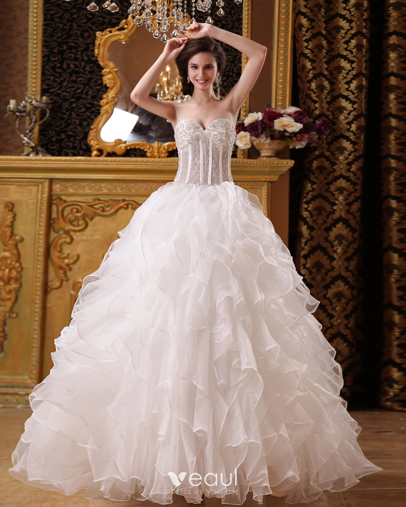 Extra Puffy Wedding Dresses Strapless Sweetheart Ball Gown Wedding Gosn In  Dubai For Bridal Pleated Organza Plus Size - AliExpress
