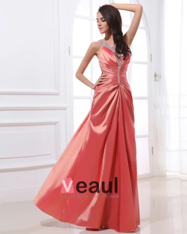 Beading Halter Neckline Floor Length Pleated Taffeta Woman Evening Dress