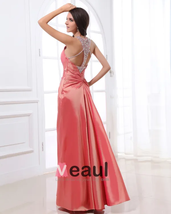 Beading Halter Neckline Floor Length Pleated Taffeta Woman Evening Dress
