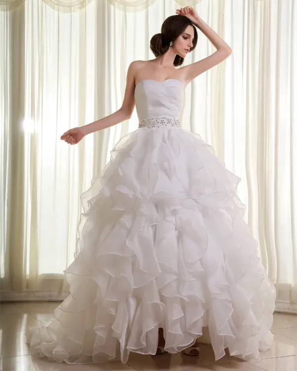 Organza Beading Ruffle Sweetheart Sleeveless Cathedral Train Ball Gown  Wedding Dresses