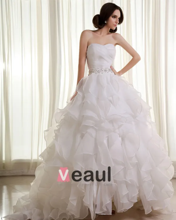 Organza Beading Ruffle Sweetheart Sleeveless Cathedral Train Ball Gown Wedding Dresses