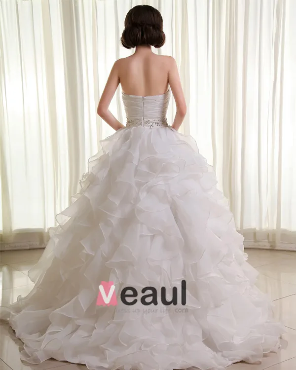 Organza Beading Ruffle Sweetheart Sleeveless Cathedral Train Ball Gown Wedding Dresses