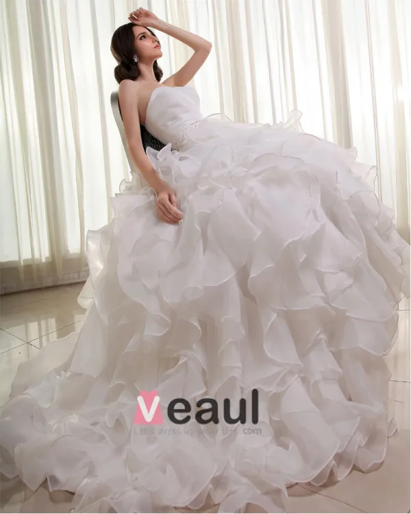 Organza Beading Ruffle Sweetheart Sleeveless Cathedral Train Ball Gown Wedding Dresses