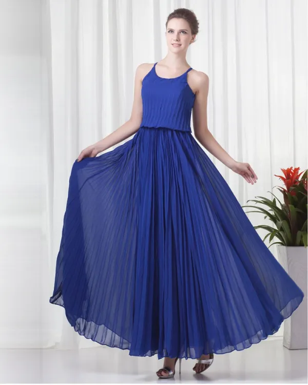 Pleated Round Neck Ankle Length Chiffon Woman Evening Party Dress