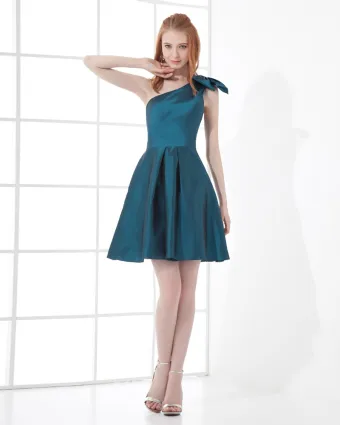 Fashion Taffeta Bow Sloping Thigh Length Bridesmaid Dress