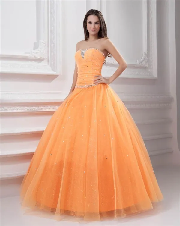 Ball Gown Tulle Beading Pleated Applique Strapless Floor Length Quinceanera Prom Dresses