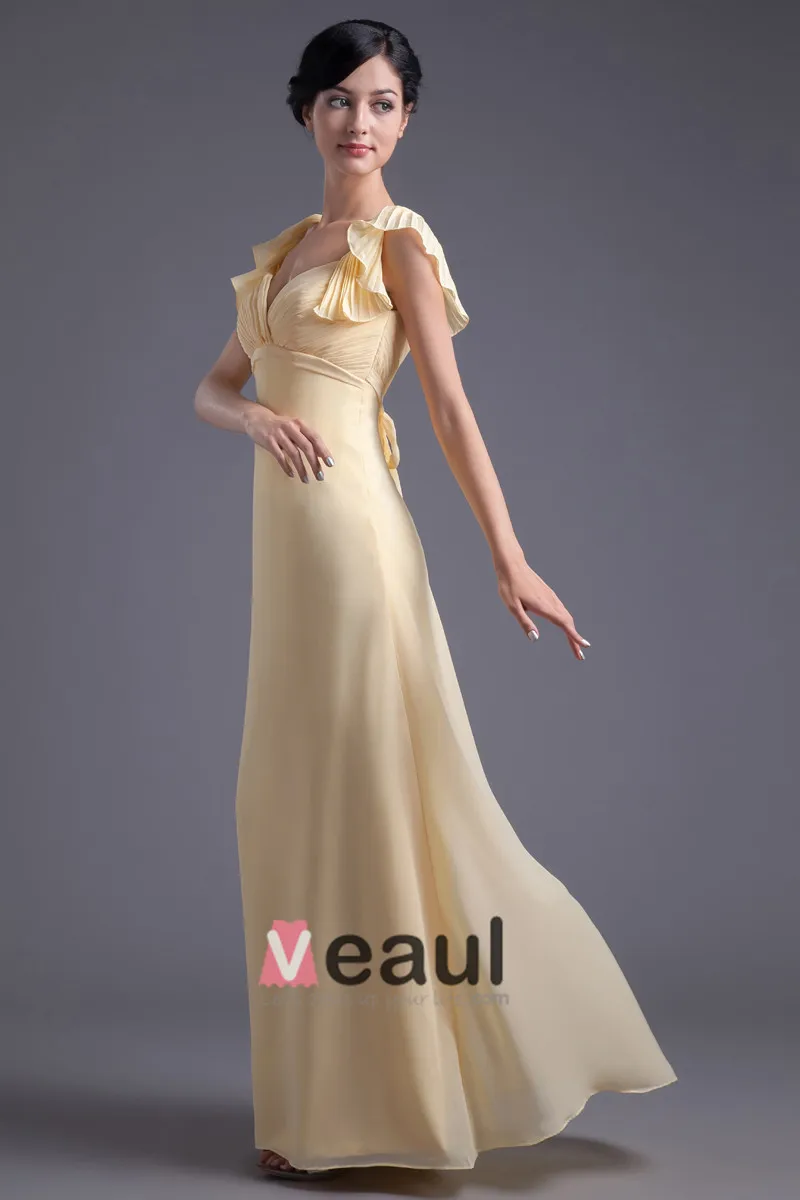 Gulv Lengde Kjaereste Petal Ermet Plissert Chiffon Mor Til Bruden Kjole