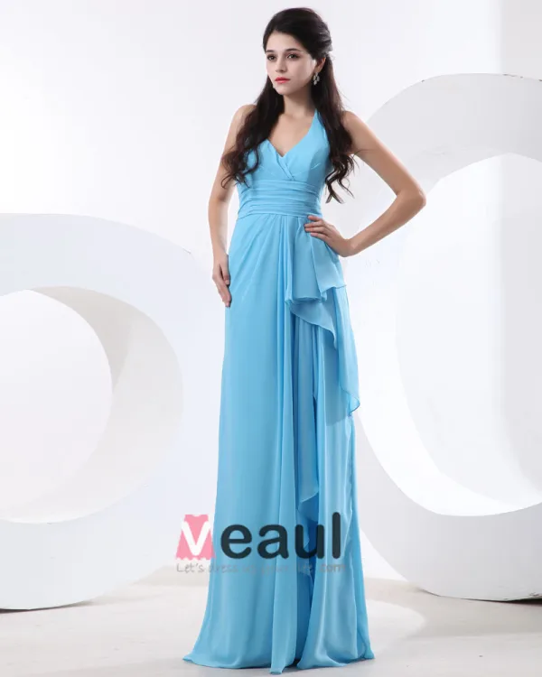 Mousseline De Soie Volants Etage Halter Robes De Demoiselle D'honneur De Longueur Sans Manches