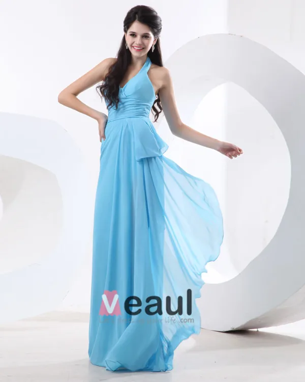 Mousseline De Soie Volants Etage Halter Robes De Demoiselle D'honneur De Longueur Sans Manches