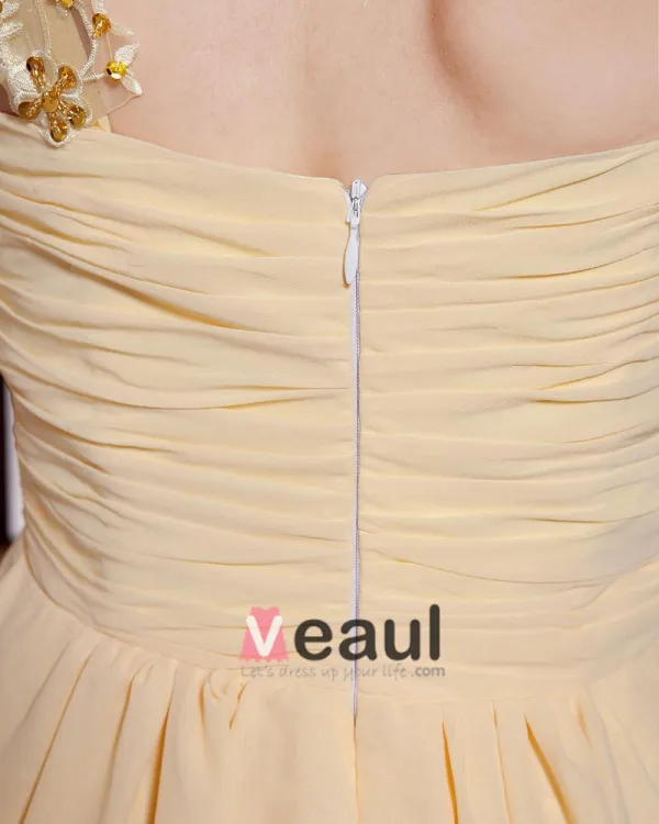 Fashion Solide Kralen Ruche Pailletten Een Schouder Knie Lengte Chiffon Cocktailjurken