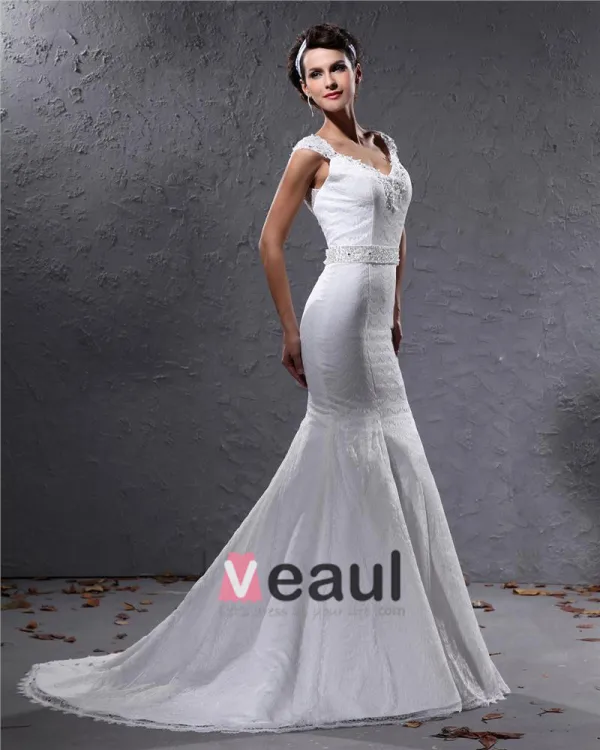 Elegant Lace Satin Beaded V Neck Floor Length Mermaid Wedding Dress