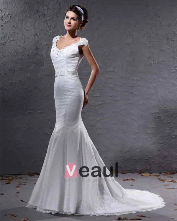 Elegant Lace Satin Beaded V Neck Floor Length Mermaid Wedding Dress