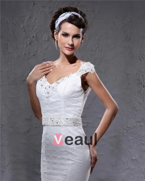 Elegant Lace Satin Beaded V Neck Floor Length Mermaid Wedding Dress