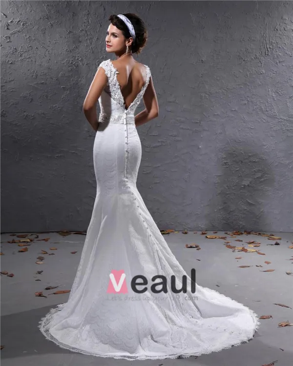 Elegant Lace Satin Beaded V Neck Floor Length Mermaid Wedding Dress