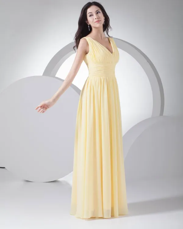 Fashion Chiffon Silk like Satin Pleated V Neck Floor Length Bridesmaid Dress