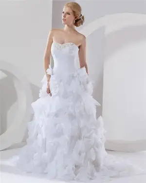 Satijn Organza Applique Gelaagde Lieverd Kathedraal Bruids Baljurk Bruidsjurken Trouwjurken