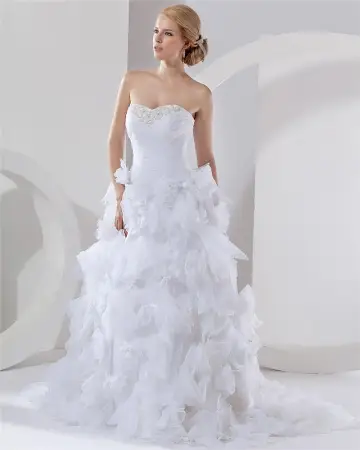 Satin Organza Applique Layered Sweetheart Cathedral Bridal Ball Gown Wedding Dress