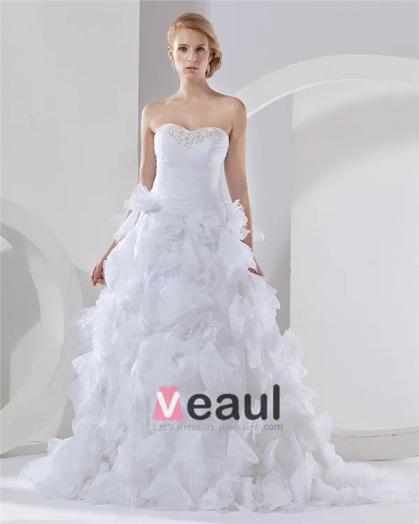 Satin Organza Applique Layered Sweetheart Cathedral Bridal Ball Gown Wedding Dress
