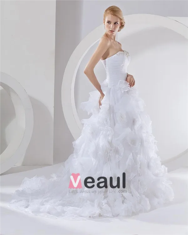 Satin Organza Applique Layered Sweetheart Cathedral Bridal Ball Gown Wedding Dress