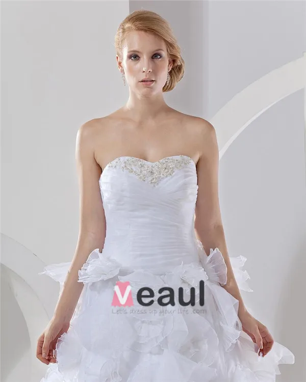 Satin Organza Applique Layered Sweetheart Cathedral Bridal Ball Gown Wedding Dress