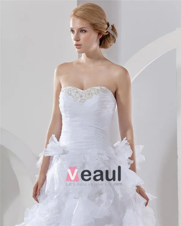 Satin Organza Applique Layered Sweetheart Cathedral Bridal Ball Gown Wedding Dress
