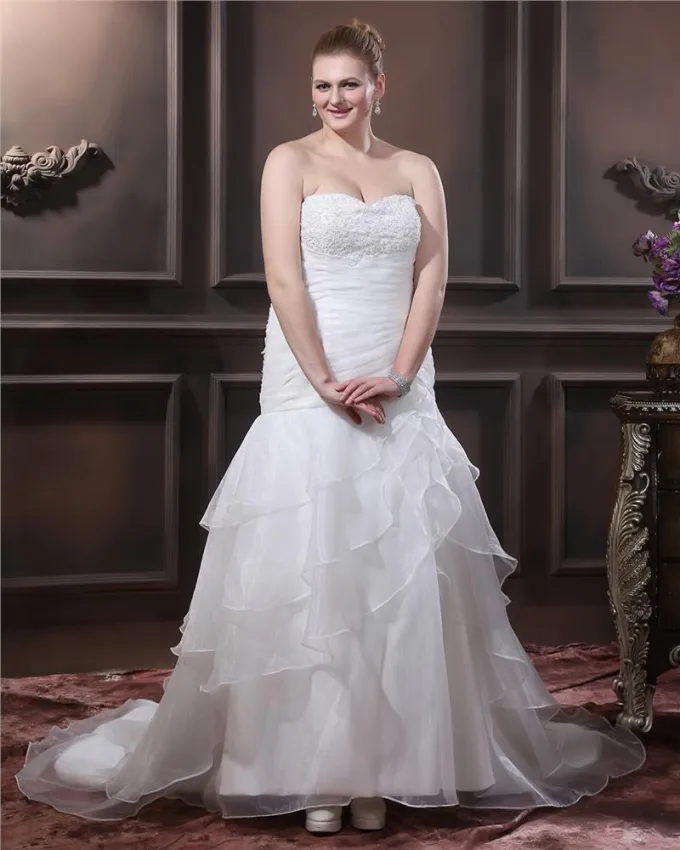 Organza Beading Fold Kjaereste Kapell Tog Pluss Storrelsen Bryllup Kjoler