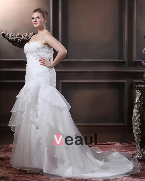 Organza Plisse Perles Cherie Chapelle Train Robes De Mariage De Taille