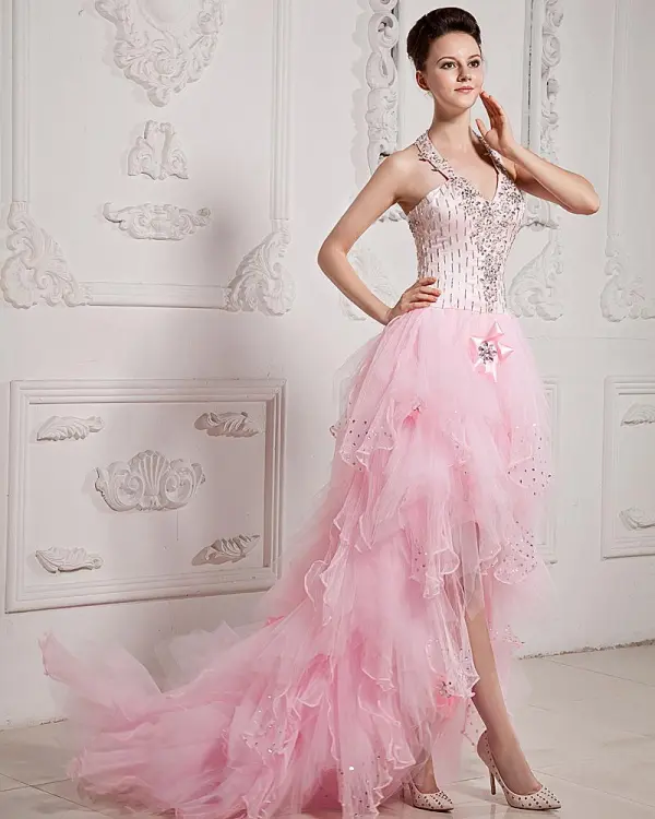 Organza Tulle Satin Ruffle Applique Beaded Halter Asymmetrical Prom Dresses