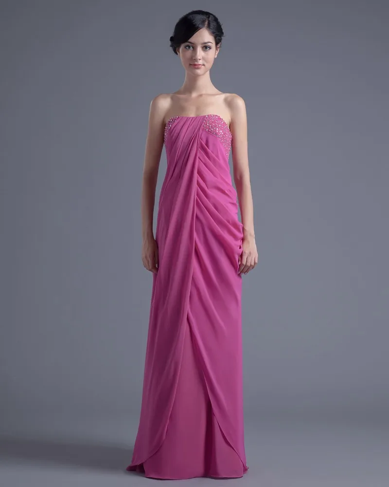 Elegant Stroppelos Gulv Lengde Beading Plissert Chiffon Brudepikekjoler