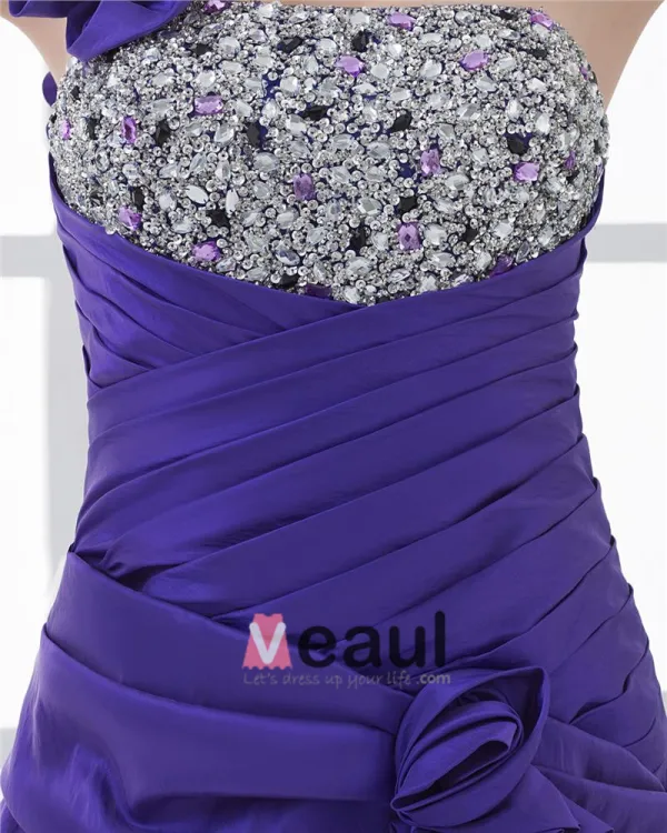 Longueur Asymetrique Une Fleur A L'epaule Perlage Robe Plissee Haut Bas Bal En Taffetas