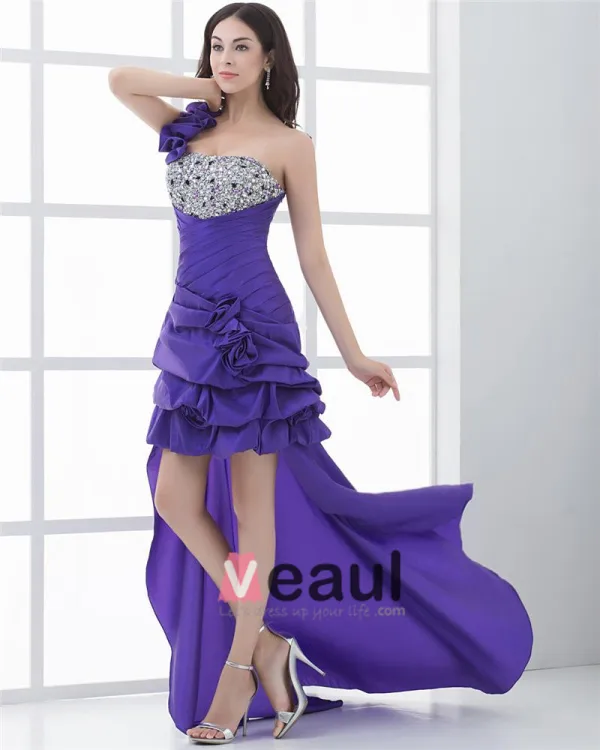 Longueur Asymetrique Une Fleur A L'epaule Perlage Robe Plissee Haut Bas Bal En Taffetas