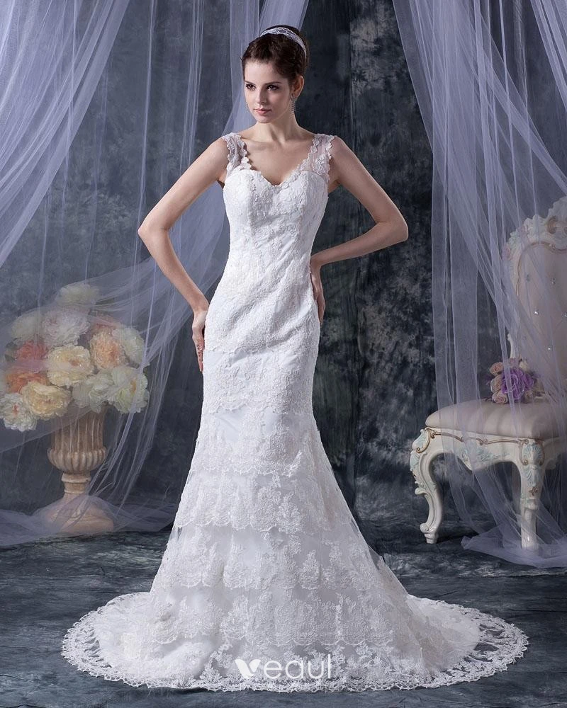 Lace Satin Tiered V-neck Mermaid Chapel Train Wedding Dress