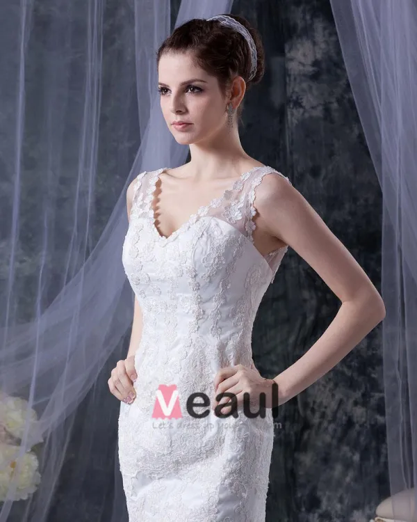 Dentelle Satin Gradins De V-cou De Sirène Chapelle Robe De Mariée De Train