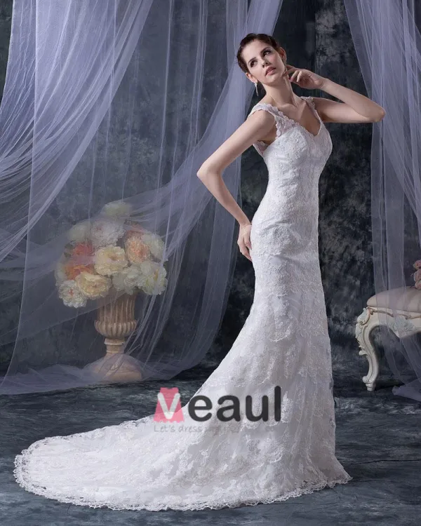Dentelle Satin Gradins De V-cou De Sirène Chapelle Robe De Mariée De Train