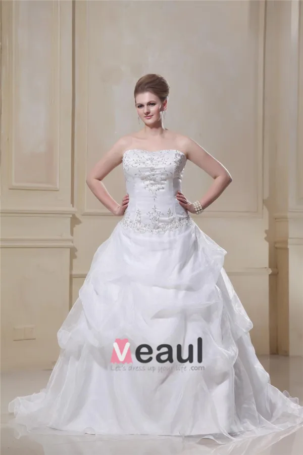 Taffeta Organza Beaded Embroidery Sweep Plus Size Bridal Gown Wedding Dress
