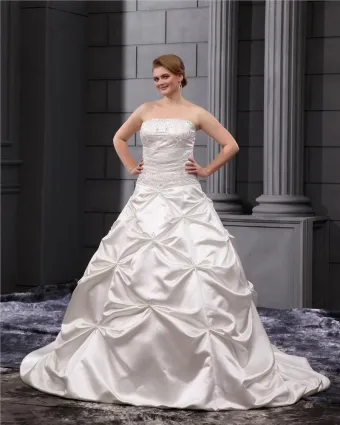 Satin Ruffles Applique Beads Strapless Plus Size Bridal Gown Wedding Dresses